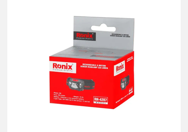 چراغ پیشانی رونیکس 5 واتی قابل شارژ و حسگر حرکت - 280 لومن RH-4287
