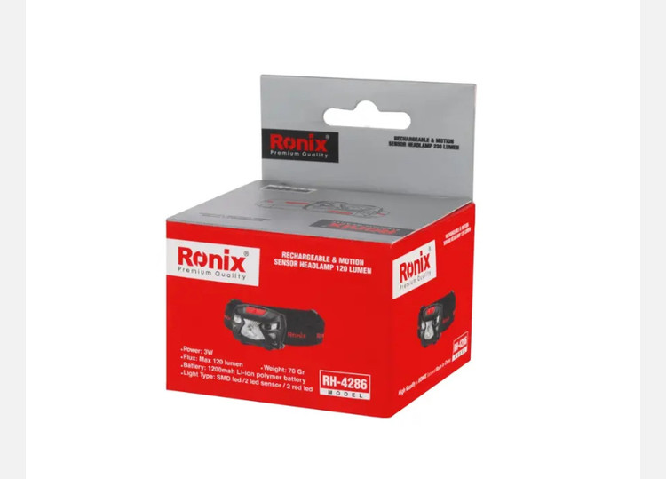 چراغ پیشانی رونیکس 3 واتی قابل شارژ و حسگر حرکت - 120 لومن RH-4286